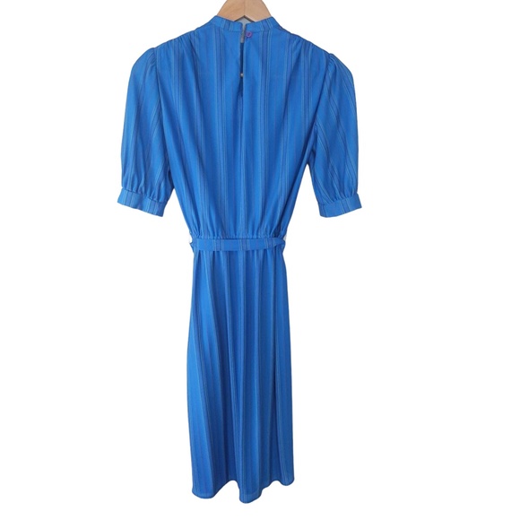 Vintage Teal Blue Striped Ruffle Neck 3/4 Sleeve Midi Dress - Picture 12 of 13